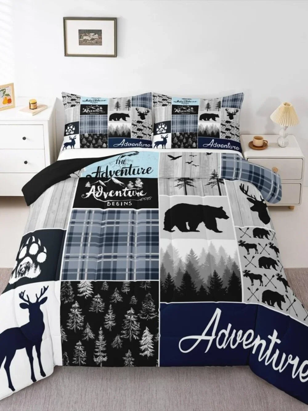 Farmhouse Cabin Comforter Set, Rustic Bear Deer Bedding Set Twin Size Woodland C